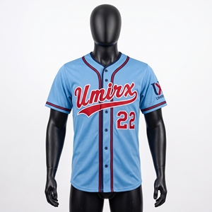 Camiseta de Béisbol Azul Cielo Personalizada con Nombre y Número Bordados en Rojo, Camiseta de Softbol para Hombre con Botones Completos y Tela Tackle Twill - Product Image 2