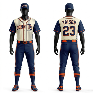 Uniforme de Béisbol de Poliéster Interlock Premium de 220 GSM, Color Crema con Rayas Azul Marino, Raglán, Sublimación Personalizada y Bordado - Product Image 1