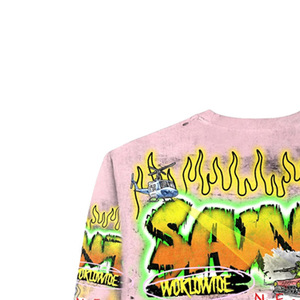 T-shirt court rose à manches longues pour homme, style streetwear oversize avec imprimé graffiti au dos, en coton tricoté, col rond - Product Image 3