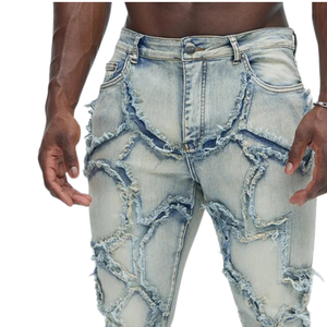 Jean slim déchiré et délavé bleu clair pour homme, taille mi-haute, respirant, style vintage, streetwear décontracté, vente en gros - Product Image 3