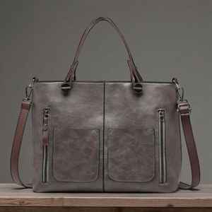 Grand sac fourre-tout décontracté rétro en cuir véritable avec fermeture éclair, imperméable, portable, sac à bandoulière et sac à main pour femme - Product Image 4