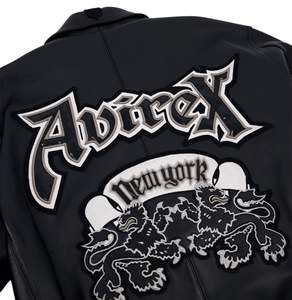 Avirex Men's Black Leather Bomber <b>Jacket</b> Embroidered Crest Front Button Regular Fit Turn-down Collar Streetwear <b>Winter</b> <b>Jacket</b> - Product Image 5