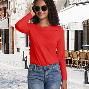 Camiseta de Manga Larga Roja para Mujer, Cuello Redondo, 100% Algodón Jersey, Tejido Casual, Color Sólido, Transpirable, Corte Ajustado, Anti-Pilling - Product Image 5
