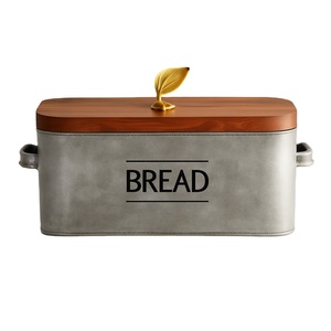 Elegante caja de pan gris con tapa de madera y elegante mango de hoja dorada para soluciones de almacenamiento de cocina modernas y fines decorativos - Product Image 1