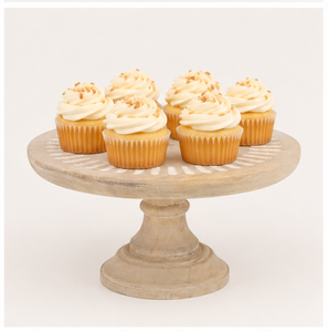 Handcrafted Mango Wood <b>Cake</b> <b>Stand</b> Rustic Whitewash Pedestal With Carved White Inlay Pattern For Farmhouse Wedding Decor Birthday - Product Image 6