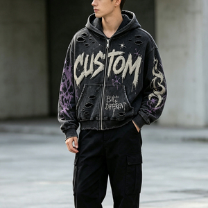 <b>Men's</b> Distressed Graphic <b>Zip</b> <b>Up</b> Hoodie Vintage Washed Ripped Streetwear Jacket Flame Print Oversized Casual Fleece Sweatshirt - Product Image 2