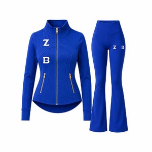 Ensemble de veste et leggings de yoga pour femmes, couleur unie, avec logo frontal, en nylon élasthanne sans couture 220 g/m², fermeture éclair intégrale, coupe ajustée, vêtements de sport pour la gym et la course à pied - Product Image 3