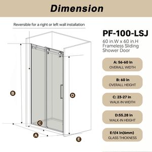 Porta Doccia Scorrevole Singola Senza Telaio 56-60'' L x 60'' A, Vetro Temperato Trasparente da 6mm con Pellicola Antiesplosione, Acciaio Inossidabile - Product Image 5
