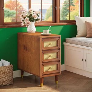 Table d'appoint en bois massif de style Mid-Century à 3 tiroirs avec façade en rotin, table de chevet étroite pour le rangement dans le salon - Product Image 4