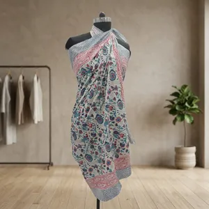 Blue Pink Floral Hand Block Printed Cotton <b>Sarong</b> Scarf with Chevron Border Lightweight Beach Wrap Stole for Women - Product Image 1