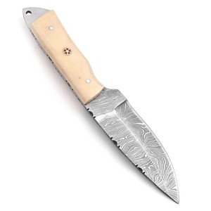 Cuchillo de Hoja Fija de Acero de Damasco Hecho a Mano Nordic Forge de 8 Pulgadas, EDC, Full Tang, para Caza, Desollado, Camping, con Mango de Hueso y Funda de Cuero - Product Image 2