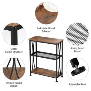 Table d'appoint industrielle à 3 niveaux – Meuble d'appoint en bois rustique avec étagère en maille et structure en acier noir - Product Image 5