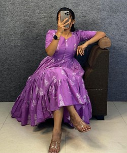 Purple A-Line Maxi Dress V-Neck <b>Cap</b> Sleeve Printed Ruffles Rayon Summer Vintage Style Breathable RUDRA DRESS 85509 - Product Image 1