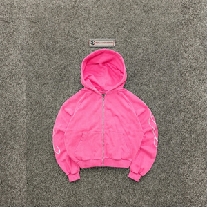 Nouveau sweat à capuche rose premium zippé, coupe décontractée, respirant, en coton doux, style hiver avec motif sur les manches - Product Image 5