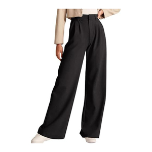 Pantalon large taille haute pour femme, coupe décontractée, plissé devant, en crêpe noir uni, longueur intégrale - Product Image 2