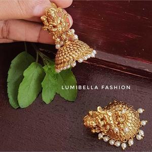 One Gram Gold Plated Lakshmi Chandelier Jhumka Earrings with Pearl for Wedding & Party - Product Image 3