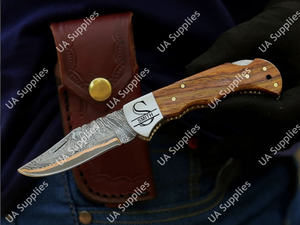 Couteau pliant professionnel fait main en acier Damas cuivré avec manche en bois de rose, pointe clip, pour chasse, camping, EDC, avec étui et aiguiseur - Product Image 2