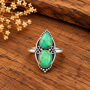Anillo de Turquesa Verde con 2 Piedras, Forma de Pera Ovalada, Hecho a Mano, Estilo Bohemio Occidental, Anillo de Joyería con Piedras Preciosas de Diseño Único - Product Image 1