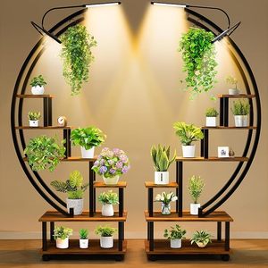 6 Tier <b>Tall</b> Iron <b>Plant</b> <b>Stand</b> with Grow Light Indoor 4 Hanging Hooks Customized Style Floor Usage - Product Image 2