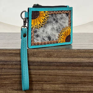 Monedero Pequeño de Cuero Genuino de Vaca con Turquesa, Hecho a Mano, con Diseño de Girasol, para Monedas y Tarjetas de Crédito/ATM, Estilo Western - Product Image 2