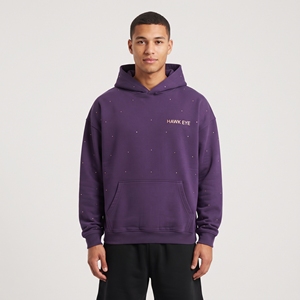 Sweat-shirt à capuche pour homme de haute qualité, personnalisé avec des cristaux en strass, en coton molletonné violet, style streetwear, pull-over - Product Image 1