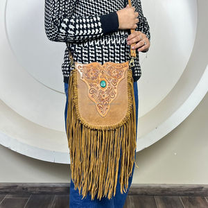 Sac à bandoulière en cuir de vachette travaillé à la main tendance 2025 avec pierre turquoise Prix bas Designer Sac à bandoulière à franges pour femmes - Product Image 4