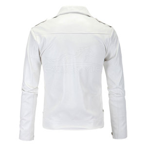Faux Leather <b>Jacket</b> White Asymmetric Zip Up Lapel Collar Slim Fit <b>Men</b> Custom Branding Bulk Sporty <b>Biker</b> Inspired - Product Image 2