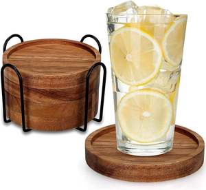 Handmade Eco-Friendly Acacia Wood <b>Round</b> <b>Coaster</b> Set with Metal Holder for Modern Coffee Table and Home Kitchen Decor - Product Image 5