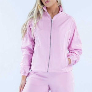 Women <b>Pink</b> <b>Tracksuit</b> Solid Color Casual Loose Fit Full Length Zipper Front Sweatshirt And Pants Set With Side Pockets - Product Image 6