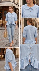 Women's Light Blue Cotton Casual <b>Top</b> with Peter Pan Collar Ruffles Three Quarter Sleeve Sweet Vintage Style Spring Summer XL - Product Image 1