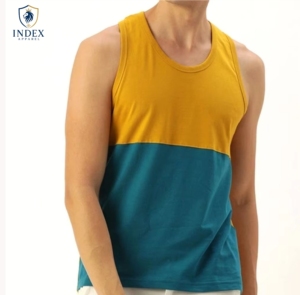 Camiseta sin mangas para hombre Index Apparel, con bloques de color, cuello redondo, informal, transpirable, de punto, amarillo y verde azulado - Product Image 1