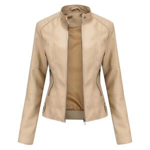 Trendy product <b>Women's</b> <b>Brown</b> PU <b>Leather</b> Moto <b>Jacket</b> Windproof Solid Color Regular Length Full Sleeve Stand Collar Zipper Closure - Product Image 6