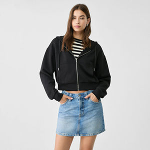 Sudadera corta con capucha para mujer, de manga larga, de color liso, de punto, con cremallera, ropa informal de otoño - Product Image 6