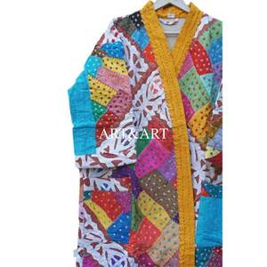 ชุดกิโมโนผ้าฝ้าย 100% สำหรับผู้หญิง ดีไซน์งานฝีมือแบบวินเทจ ลายปะติดปะต่อ  ลายดอกไม้แบบอินเดีย  แห้งเร็ว ระบายอากาศได้ดี  ใส่ได้สองด้าน - Product Image 2