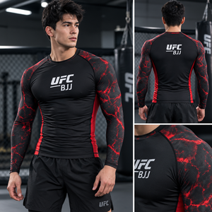 BJJ Long Sleeve Rash Guard Full Sleeve <b>Black</b> Red Sublimation Print Men's <b>Compression</b> <b>Shirt</b> Quick Dry - Product Image 5