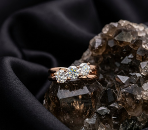 Bague de fiançailles en or plaqué 18K 14K avec trois pierres rondes taille brillant en diamant de laboratoire, bande incurvée, bijoux fins pour femme - Product Image 1