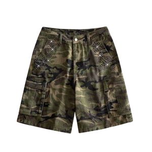 Custom Mens Camo Cargo Denim Shorts Rhinestone Studded Crystal Army Green <b>Camouflage</b> Baggy Y2K Streetwear Loose Fit Jorts Shorts - Product Image 1
