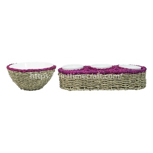 Colorful Rectangle Seagrass Serving Bowl Set Handwoven Tray 3 Small Bowls 1 <b>Large</b> Bowl Wholesale Vietnam Made Water Hyacinth - Product Image 3