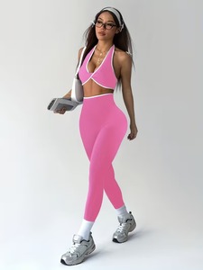 <b>Womens</b> Seamless Activewear 2 Piece Set Crossover Halter <b>Top</b> and Contrast Edge <b>Compression</b> Tights Running Yoga Suit Clothing - Product Image 4