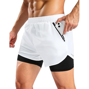 Shorts de course blancs pour hommes avec poches, séchage rapide, respirants, imprimés, en Spandex et Polyester, style sportif, taille mi-haute avec cordon élastique - Product Image 1