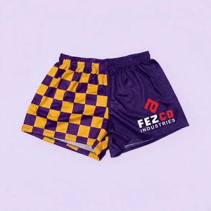 Shorts unisexe Fezco Industries à carreaux violet et jaune, taille élastique, coupe régulière, évacuation de l'humidité, toutes saisons - Product Image 1