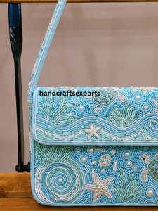 Bolso de Hombro Artesanal de Lujo con Cuentas, Temática Oceánica, con Tortuga Marina y Estrella de Mar |   Bolso de Mano de Moda para Mujer, Resistente y Seguro, Personalizado - Product Image 3