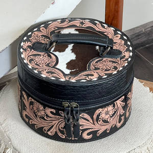 Premium <b>Black</b> Tooled Floral <b>Leather</b> Travel Organizer Case Stylish Vanity Box Makeup Necklace Rings Organizer Women Jewelry Case - Product Image 2
