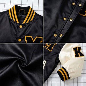 Chaqueta Varsity para Hombre, Negra y Crema, con Letra M Bordada en PU, Estilo Preppy, Cuello Camisero, Corte Regular, Otoño - Product Image 6