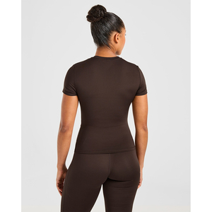 Conjunto Deportivo de Punto para Mujer, Color Marrón Sólido, Manga Corta, Cuello Redondo, Transpirable, Corte Regular, para Todas las Temporadas - Product Image 5