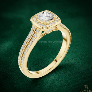 Anillo de compromiso de oro amarillo de 9K, 10K, 14K, 18K con diamante de laboratorio talla princesa y halo, de doble pavé, para mujer - Product Image 4