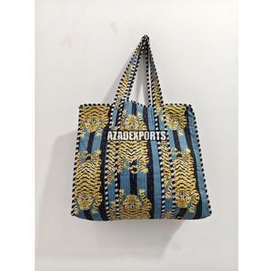 Bolso Tote Acolchado de Algodón Pintado a Mano con Estampado de Tigre Azul, Estilo Bohemio, Abierto, Gran Capacidad 18x18x13, para Compras - Product Image 6