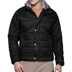 Men's Black Puffer Jacket Stand Collar Button Closure Casual Winter Outerwear Slim Fit Polyester <b>Wadding</b> Regular Length - Product Image 3