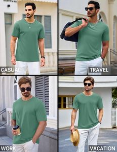 เสื้อยืดคอกลมแขนสั้นสีเขียวล้วนสำหรับผู้ชาย ทรงปกติ สวมใส่สบาย ผลิตจากผ้าฝ้ายถักเนื้อเจอร์ซีย์ ระบายอากาศได้ดี - Product Image 3