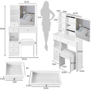 Tavolo da Trucco F ad Alta Capacità di Stoccaggio con Sgabello Imbottito, Specchio Scorrevole Extra Large e Cassetto Sinistro di Piccole Dimensioni - Product Image 2